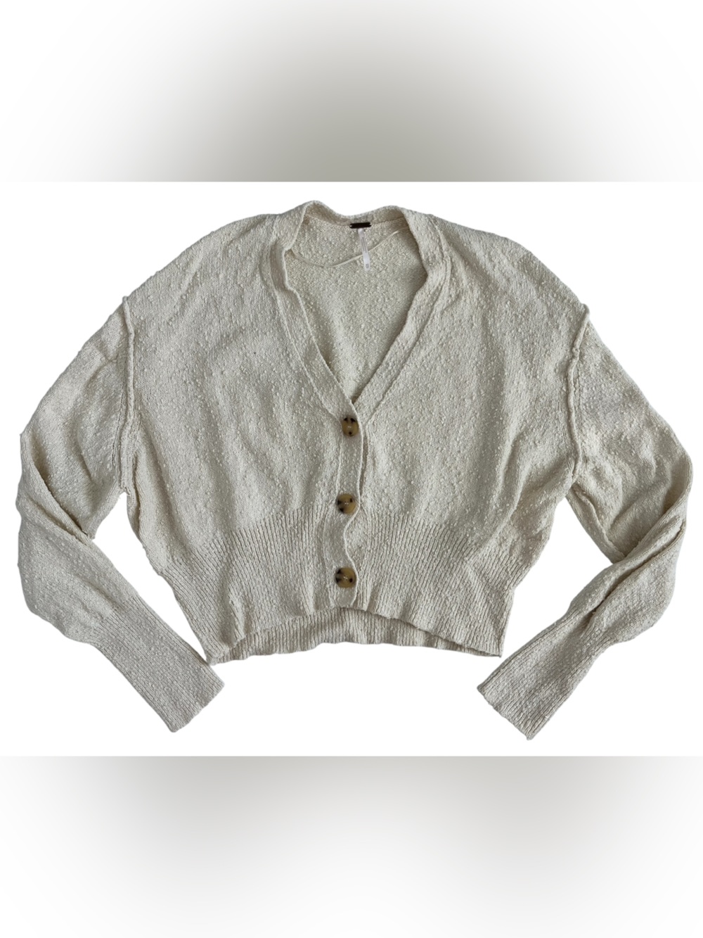 Free People Cream Cropped V-Neck Button Cardigan